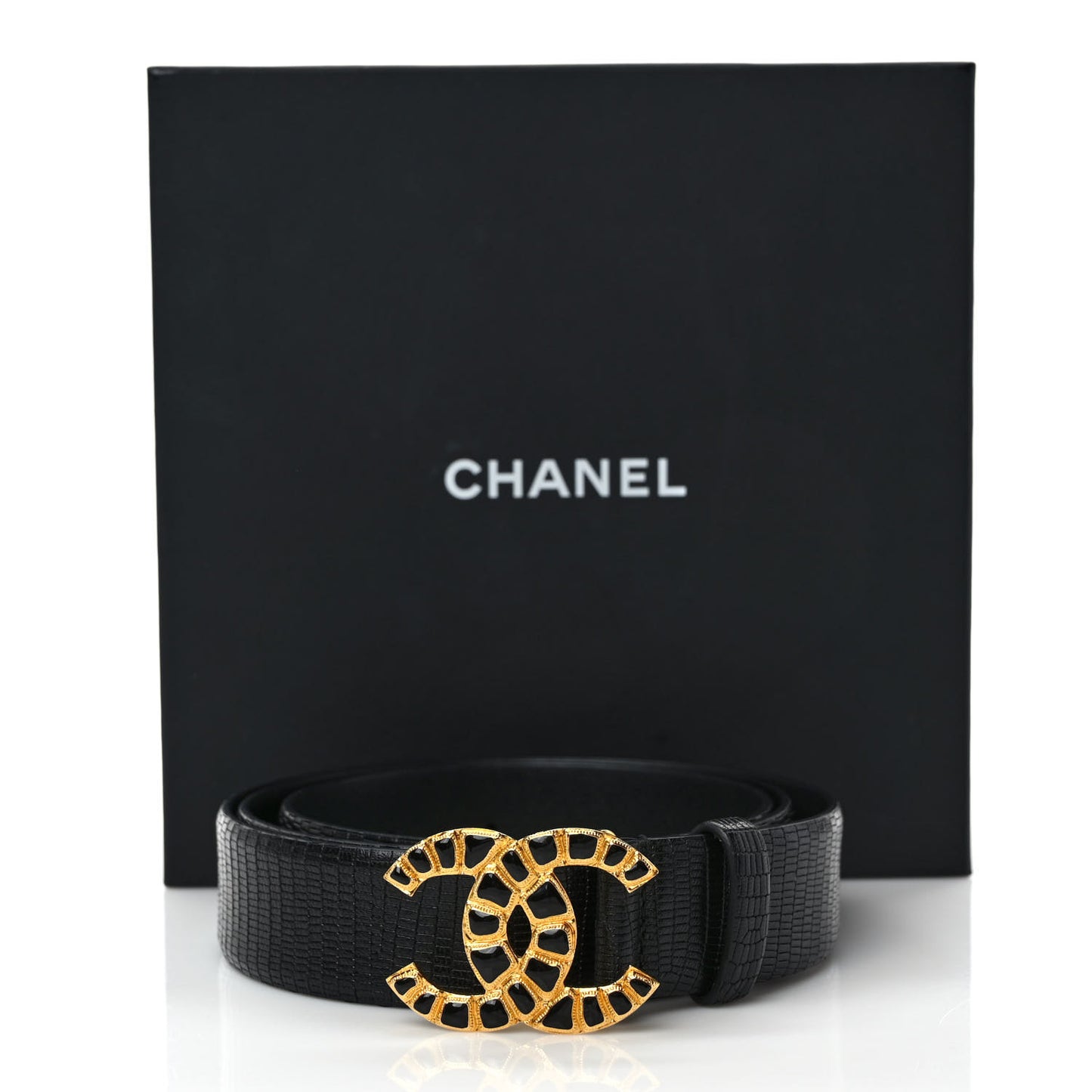 Lizard Embossed Calfskin Gripoix Poured Glass Along The Nile CC Belt 95 38 Black