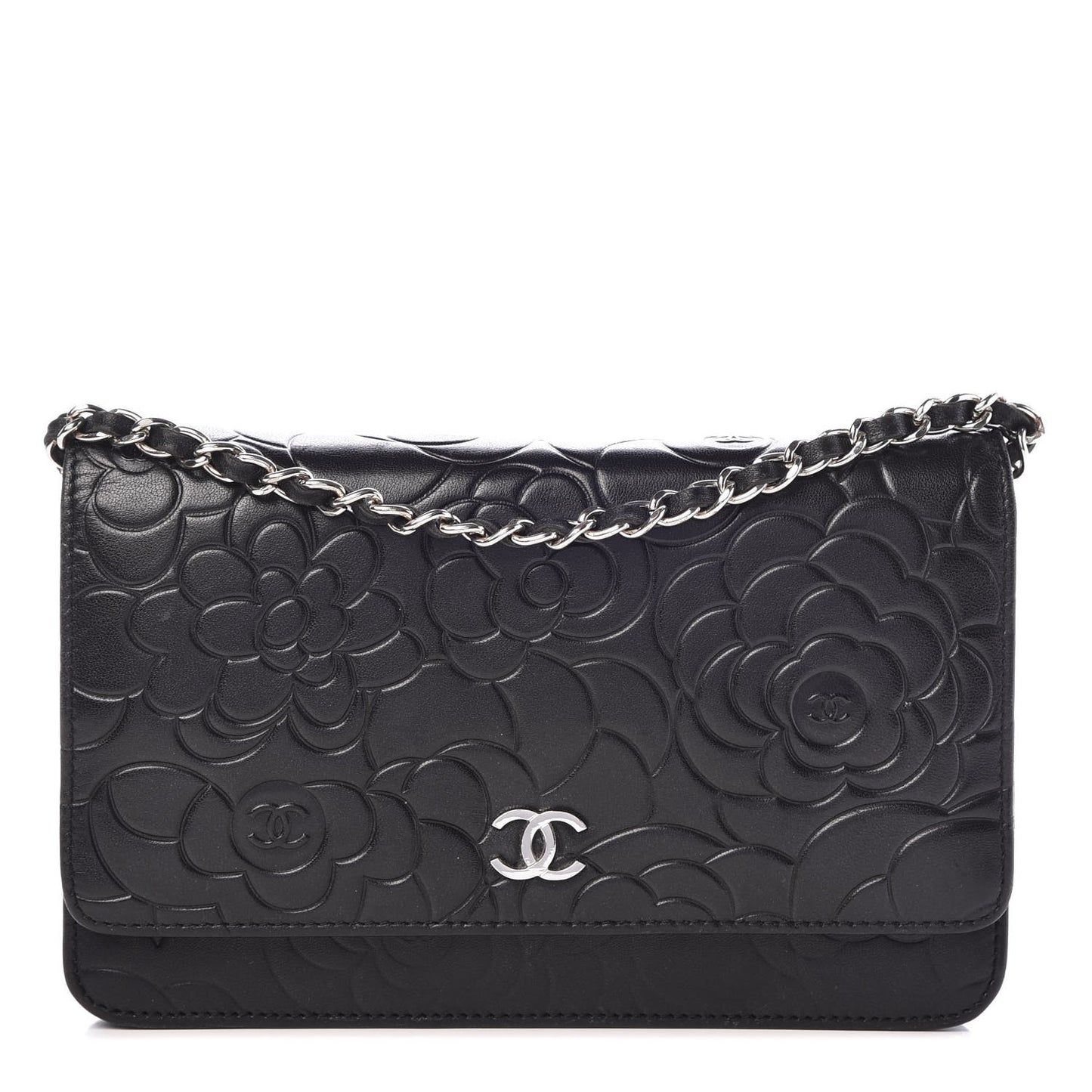 Lambskin Camellia Embossed Wallet on Chain WOC Black