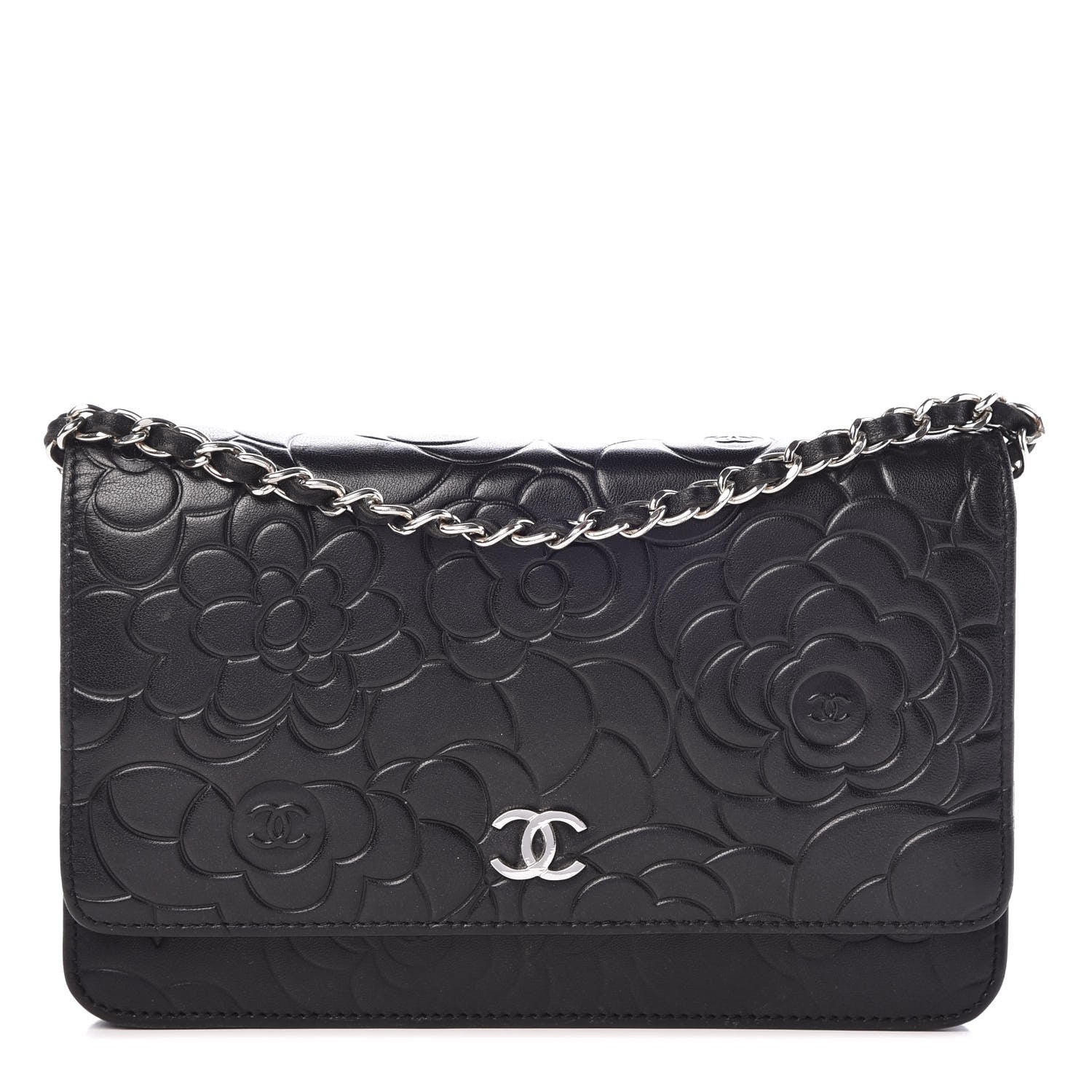 Chanel Lambskin Camellia Embossed Wallet on Chain WOC Black 1 of 9