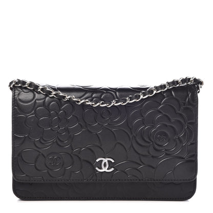Chanel Lambskin Camellia Embossed Wallet on Chain WOC Black 1 of 9
