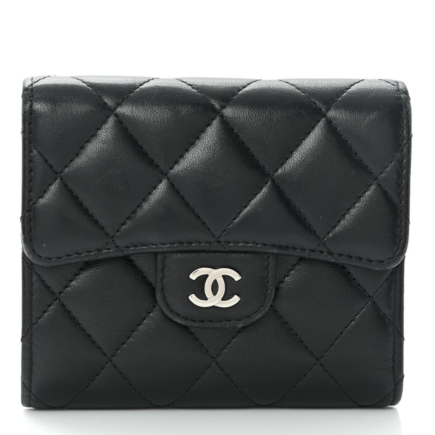 Lambskin Quilted Compact Flap Wallet Black