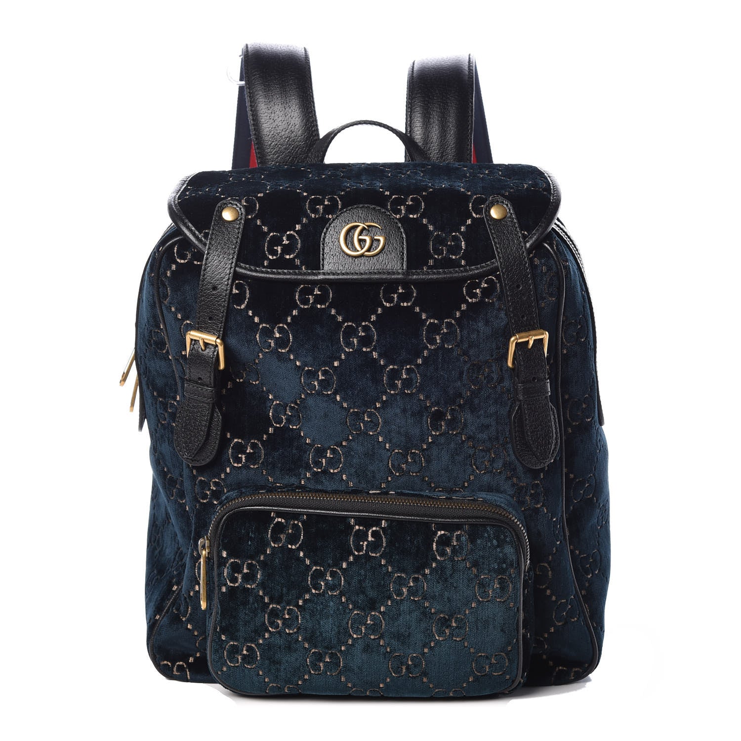 Gucci Velvet GG Monogram Textured Calfskin Web Small Double Buckle Backpack Blue Beige Black 1 of 22
