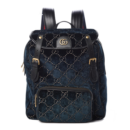 Gucci Velvet GG Monogram Textured Calfskin Web Small Double Buckle Backpack Blue Beige Black 1 of 22