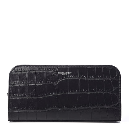 Saint Laurent Calfskin Crocodile Embossed Classic Zip Around Continental Wallet Black 1 of 9