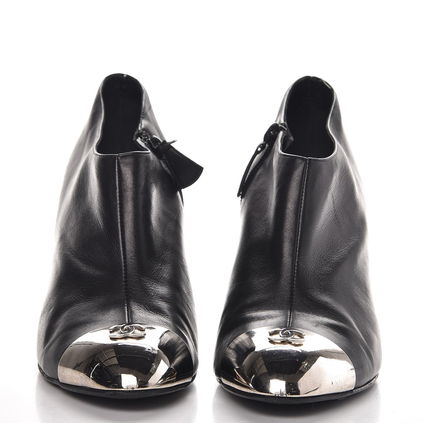 Calfskin CC Silver Cap Toe Ankle Boots 40 Black