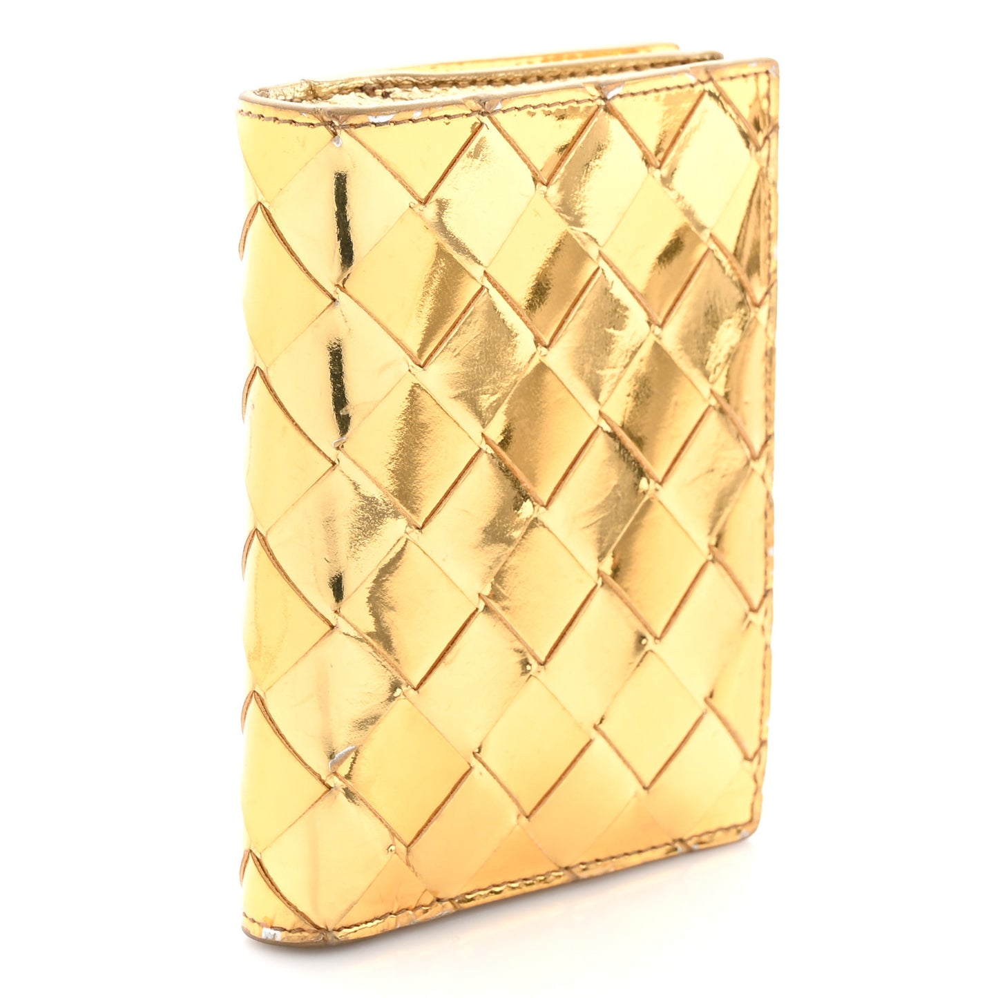 Mirror Laminated Nappa Intrecciato Small Bi-Fold Zip Wallet Gold