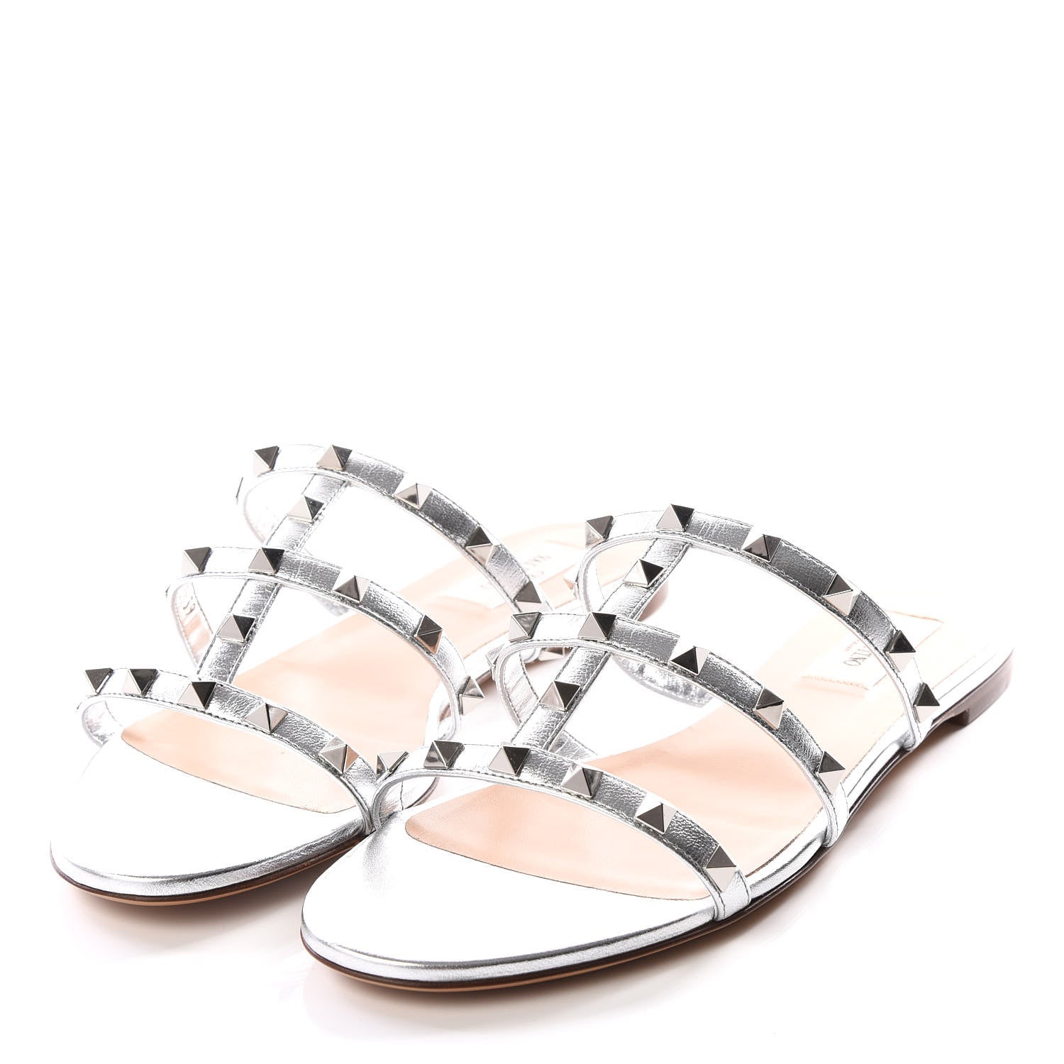 Valentino Garavani Metallic Nappa Rockstud Caged Flat Slide Sandals 39 Silver 2 of 9