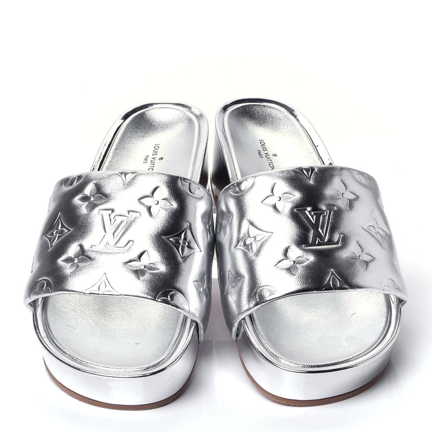 Metallic Lambskin Embossed Monogram Jumbo Flatform Mule Sandals 37 Silver