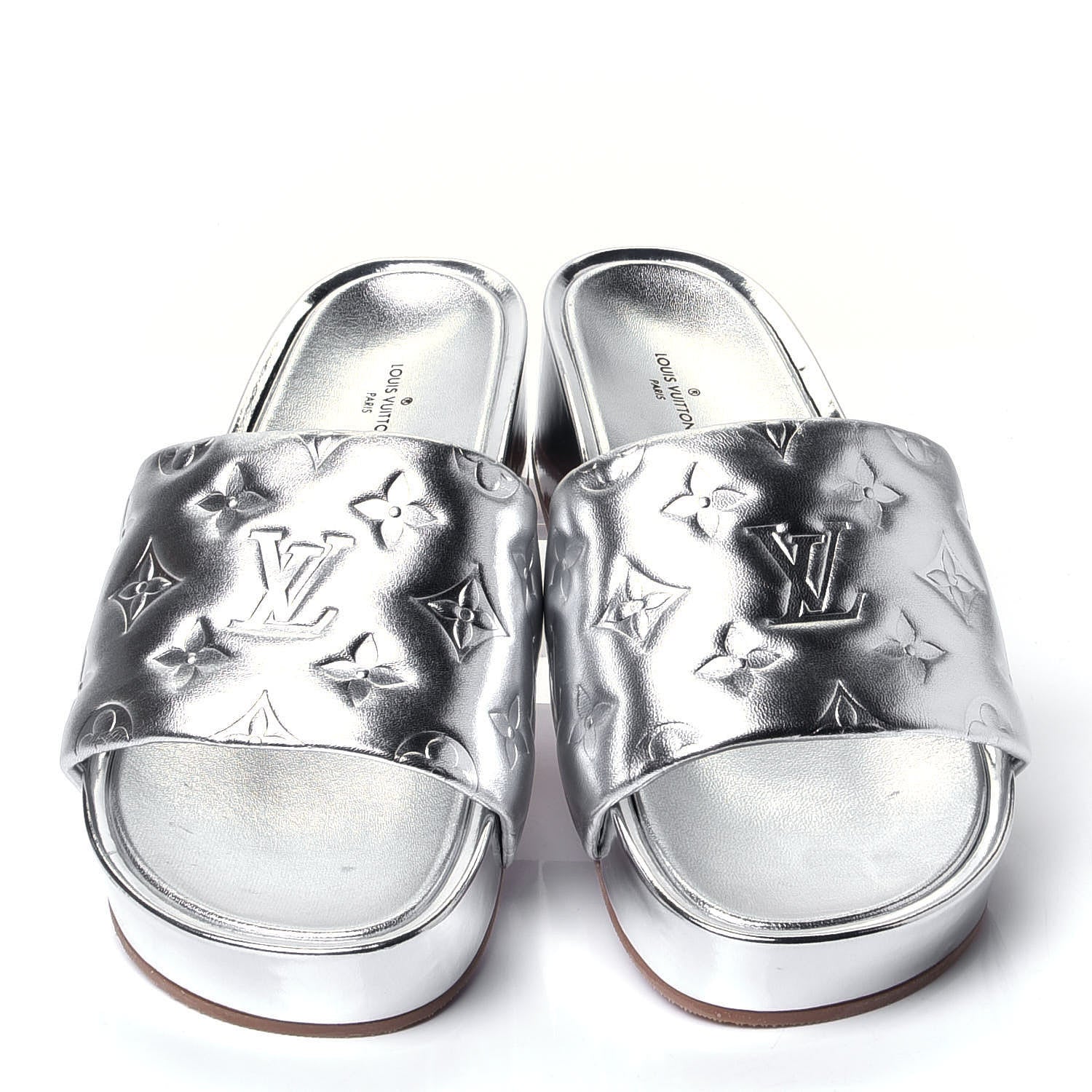 Louis Vuitton Metallic Lambskin Embossed Monogram Jumbo Flatform Mule Sandals 37 Silver 5 of 11