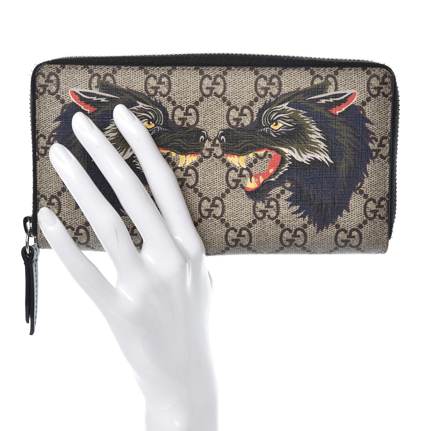 GG Supreme Monogram Wolf Print Zip Around Wallet Black