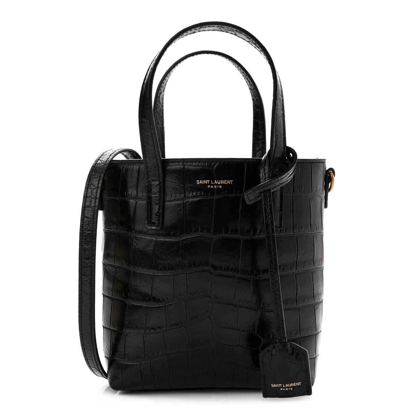 Calfskin Crocodile Embossed Paris Mini Toy Shopper Tote Black