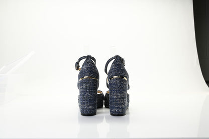 Jimmy Choo Tweed Alanah 105 Wedge Sandals 39.5 Blue 8 of 18