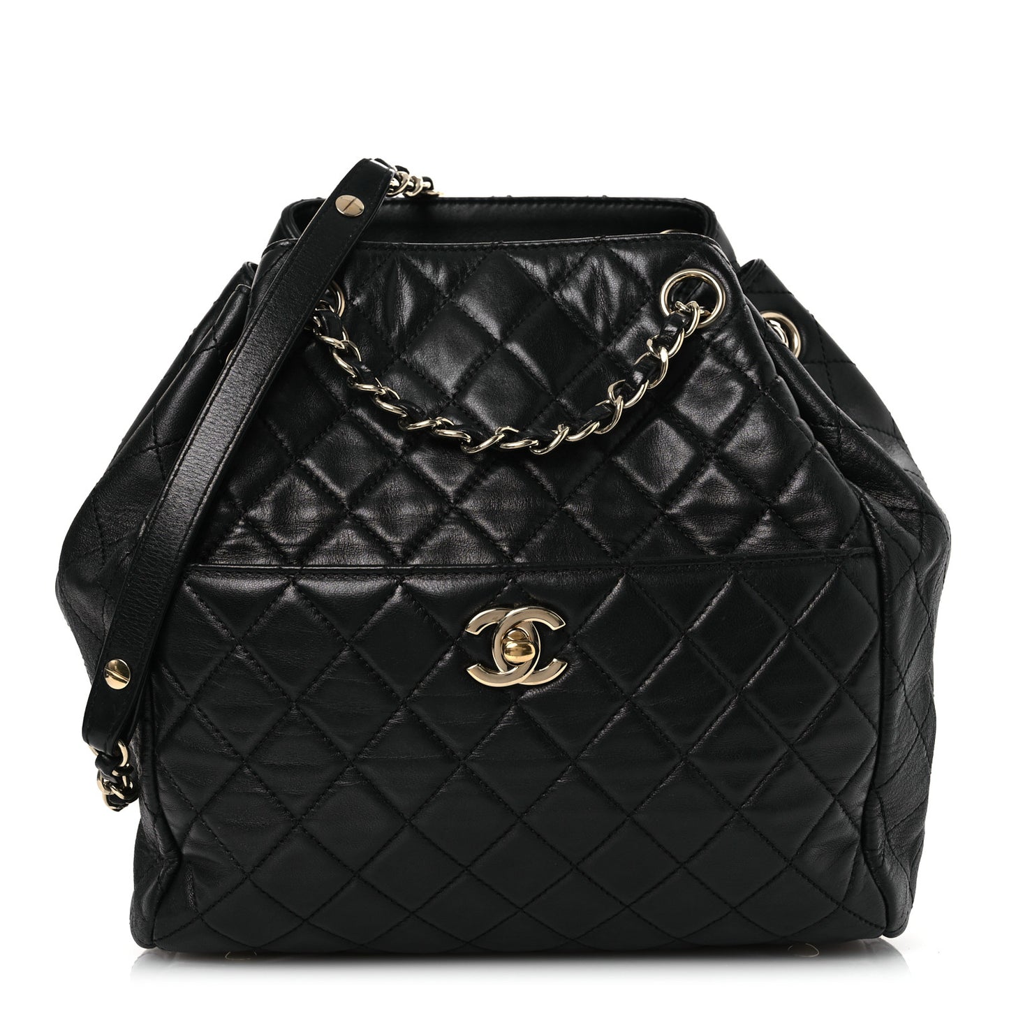 Lambskin Quilted Drawstring Bag Black