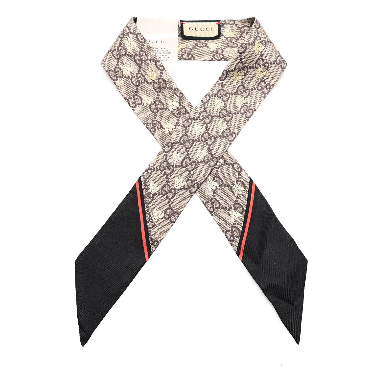 Gucci Silk Twill GG Monogram GG Bee Neck Bow Scarf Black Red 1 of 3