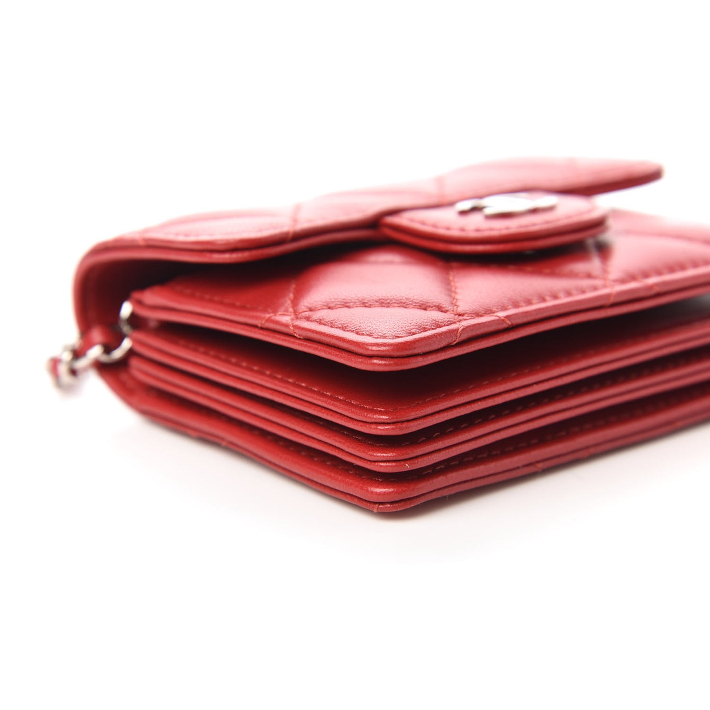Lambskin Quilted Flap Card Holder On Chain Red