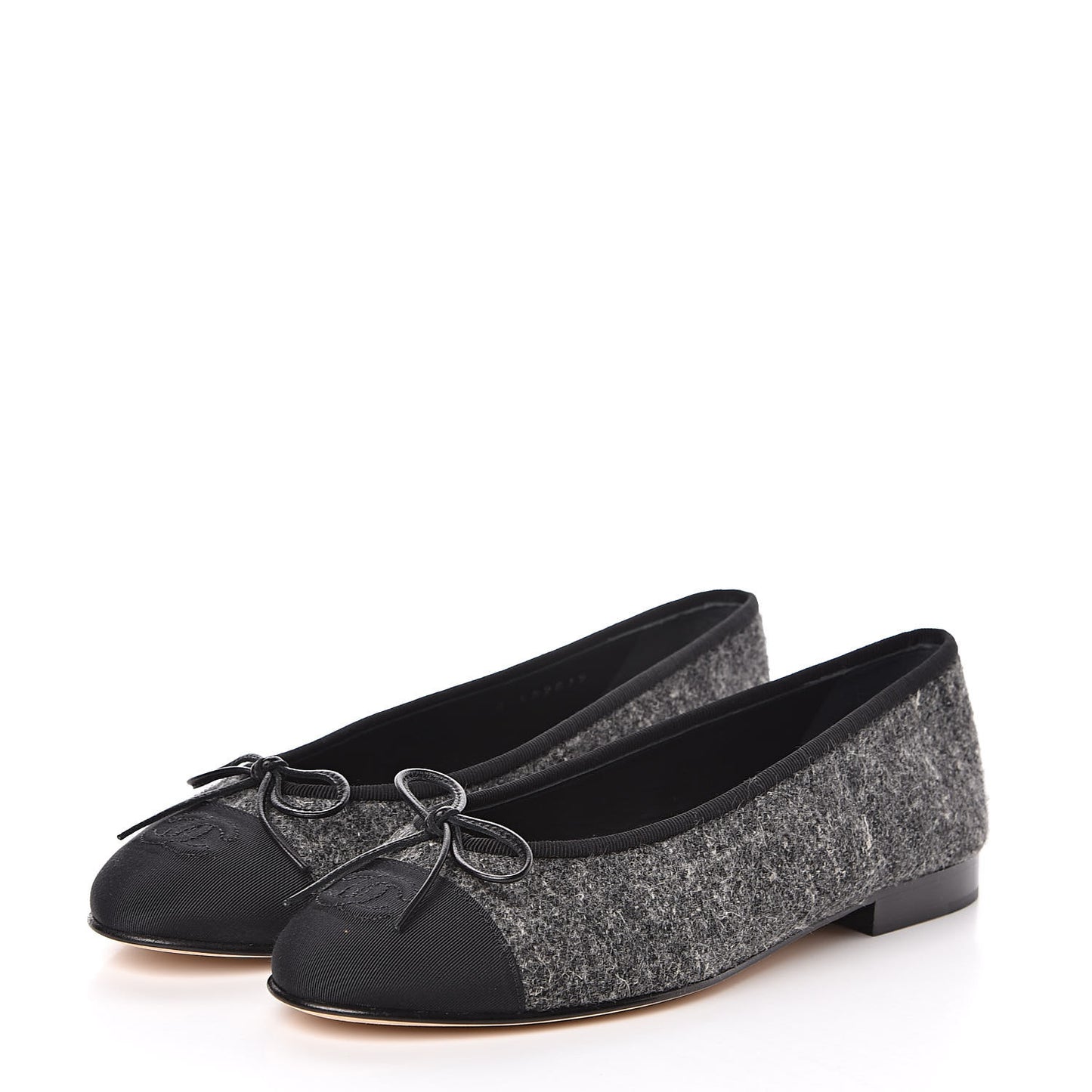 Tweed Grosgrain Cap Toe Ballerina Flats 37.5 Dark Grey Black