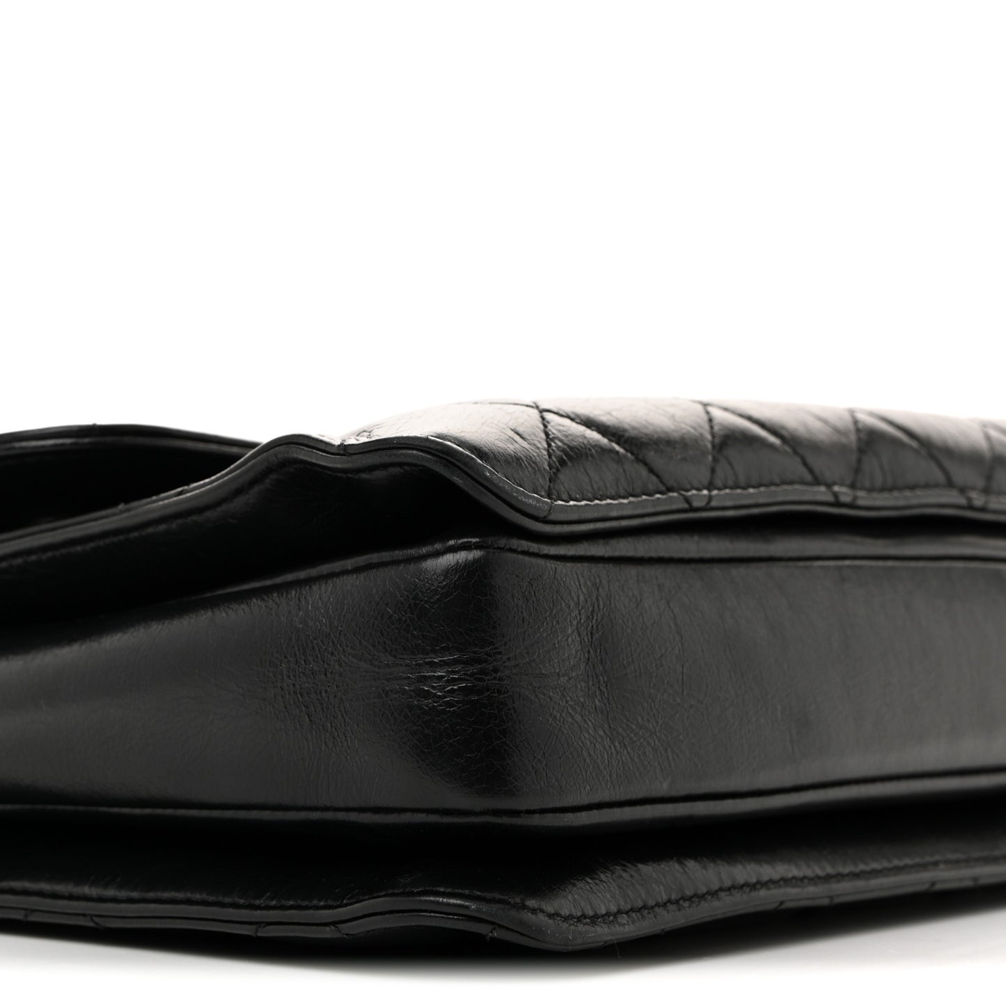 Glazed Calfskin Quilted Large Perfect Edge Flap Black