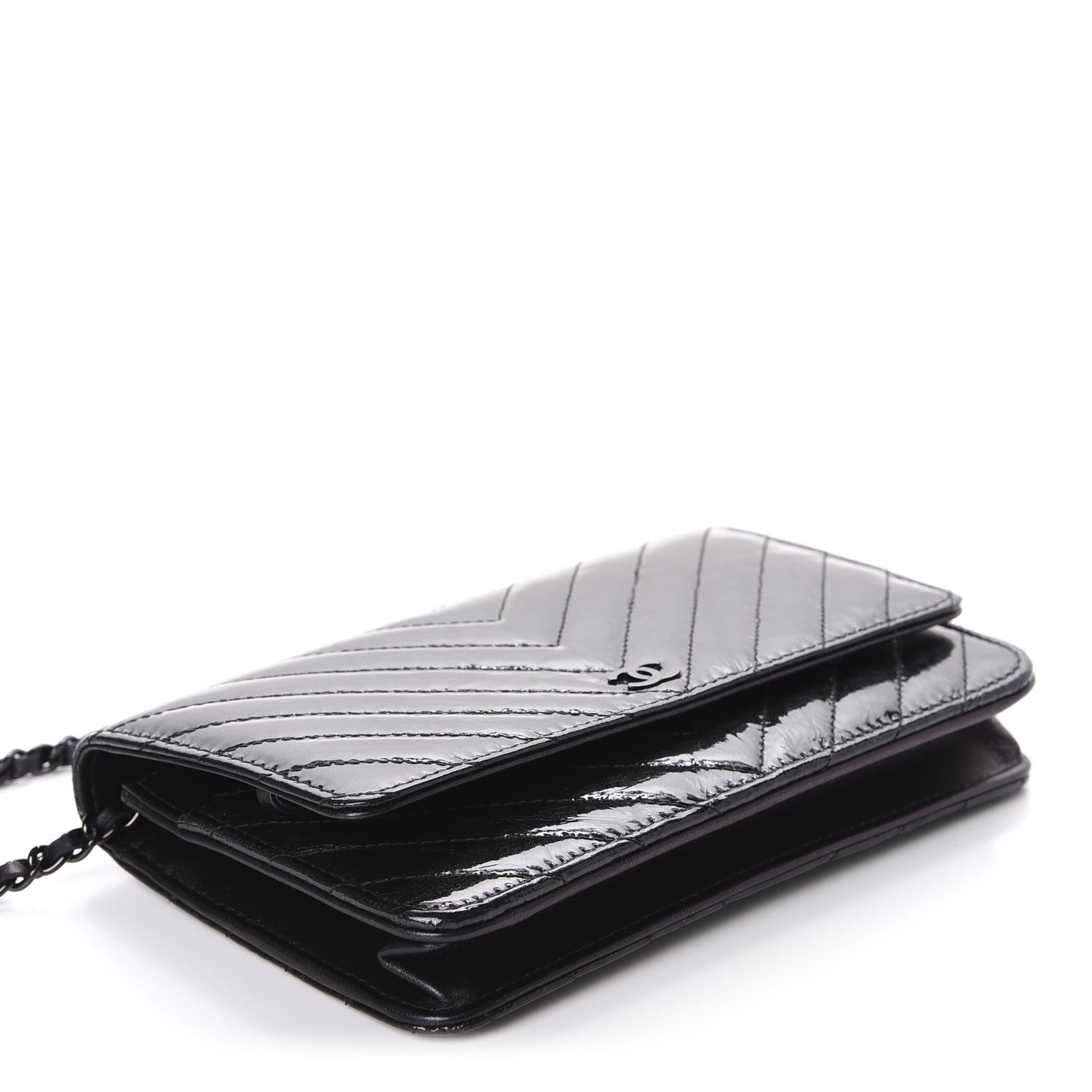 Chanel Patent Metallic Crumpled Calfskin Chevron Quilted Wallet On Chain WOC Black 4 of 12
