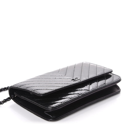 Chanel Patent Metallic Crumpled Calfskin Chevron Quilted Wallet On Chain WOC Black 4 of 12