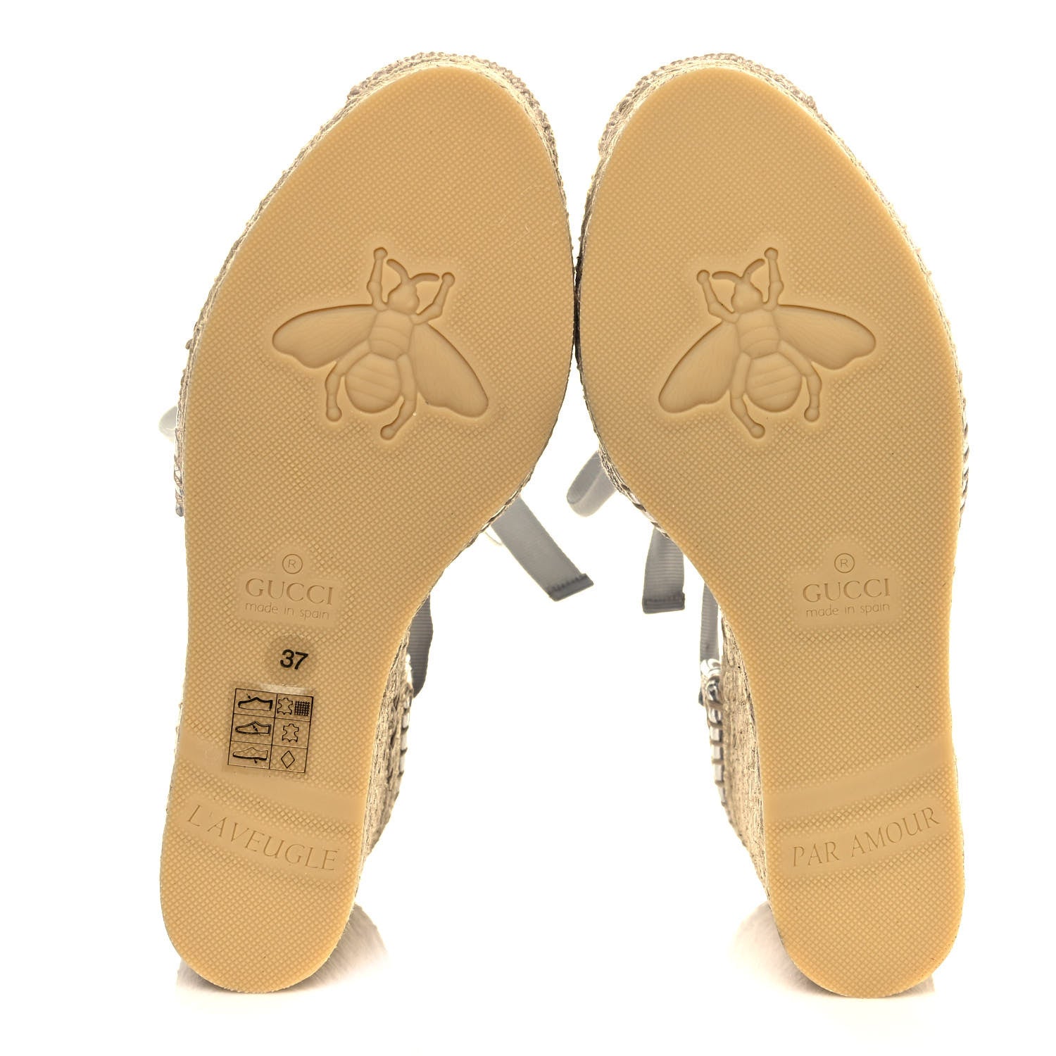 Gucci Lame GG Monogram Ankle Wrap Platform Espadrille Wedges 37 Silver Beige Light Grey 5 of 9