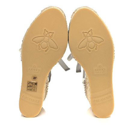 Gucci Lame GG Monogram Ankle Wrap Platform Espadrille Wedges 37 Silver Beige Light Grey 5 of 9