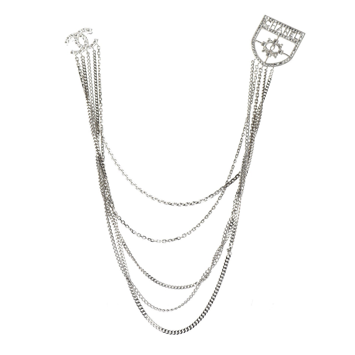 Baguette Crystal CC Shield Multi Strand Long Chain Brooch Silver