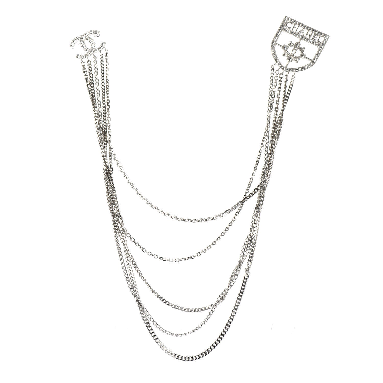 Chanel Baguette Crystal CC Shield Multi Strand Long Chain Brooch Silver 1 of 4