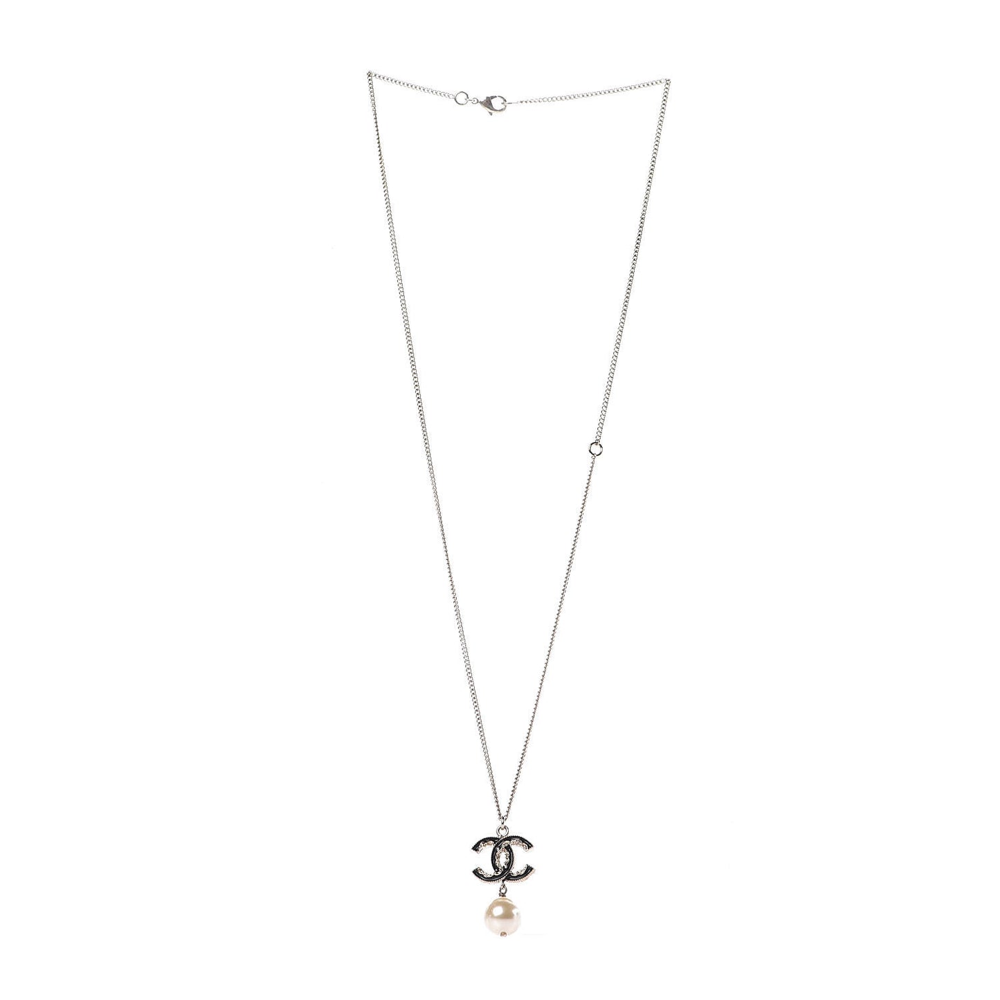 Enamel CC Baroque Pearl Drop Necklace Black Gold