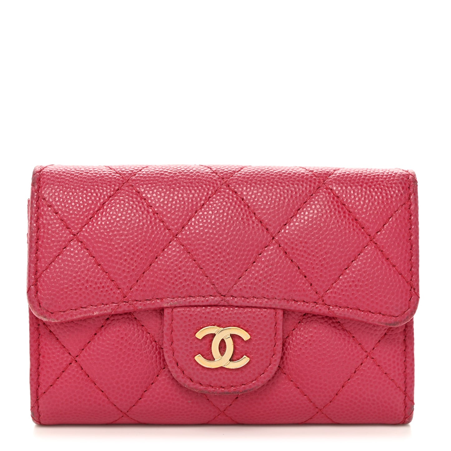 Caviar Quilted Flap Card Holder Wallet Dark Pink