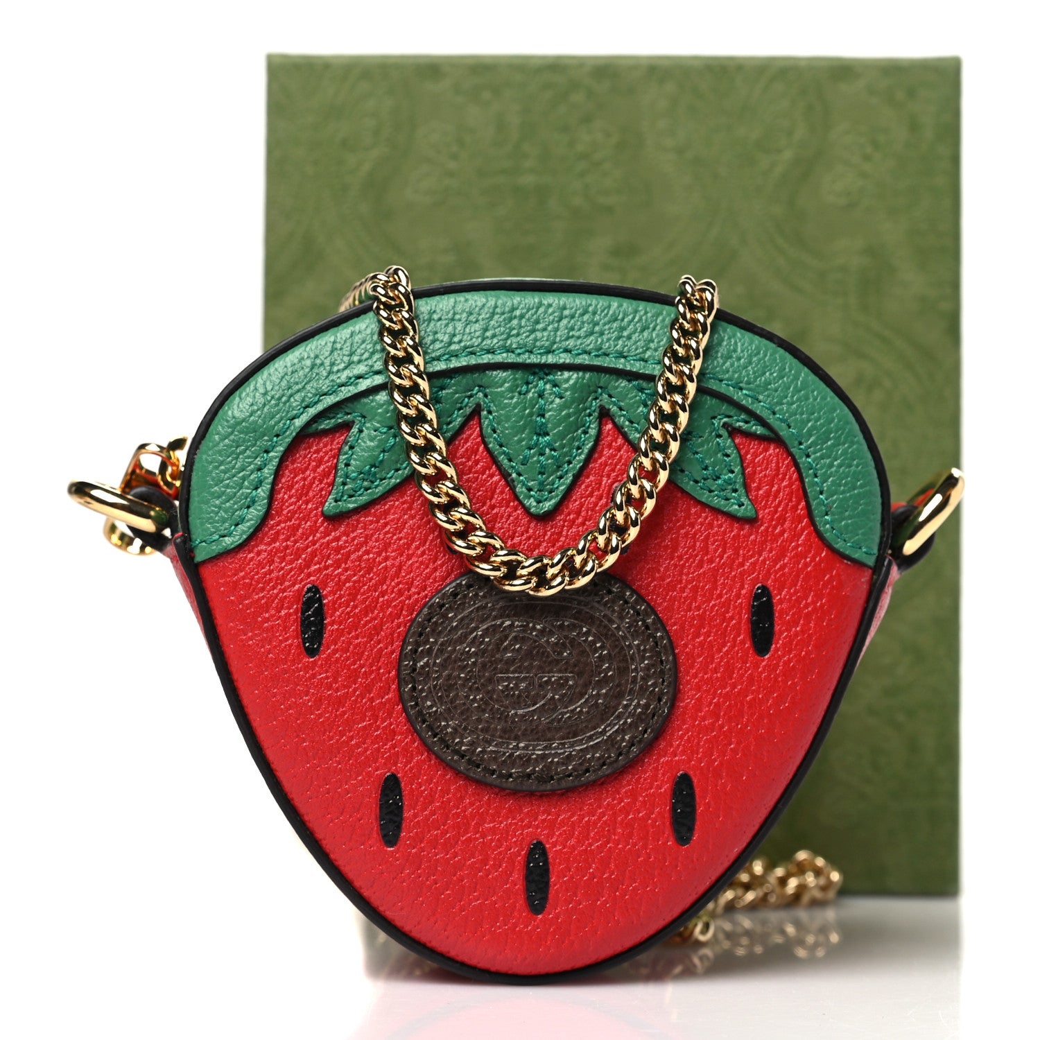 Gucci Textured Dollar Calfskin Retro Interlocking G Fruttini Strawberry Mini Crossbody Lobster Red Black New Acero 9 of 9