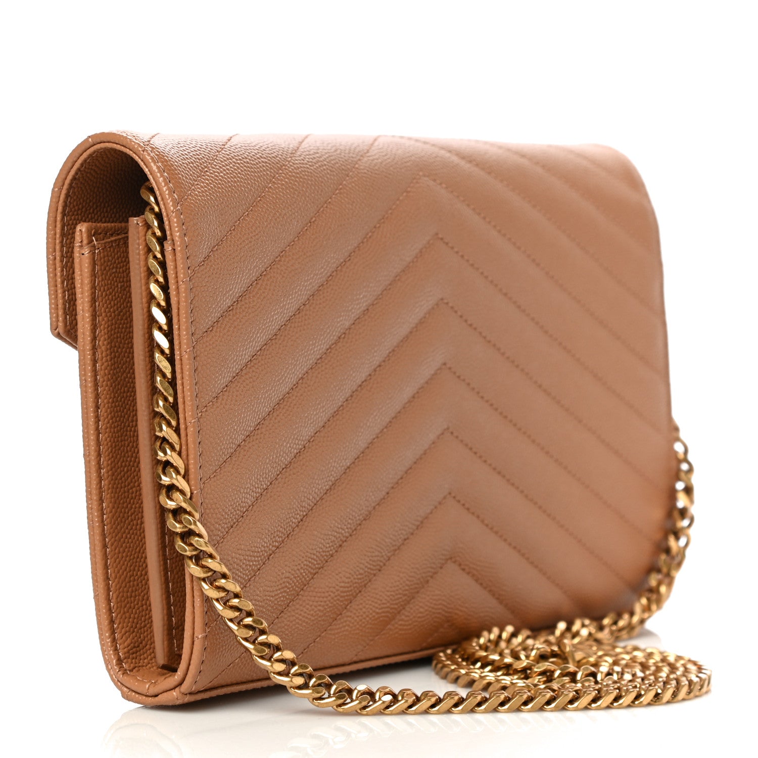 Saint Laurent Grain De Poudre Matelasse Chevron Monogram Chain Wallet Dune 3 of 9