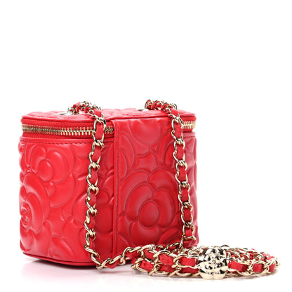 Chanel Lambskin Camellia Embossed Mini Vanity Case With Chain Red 3 of 10