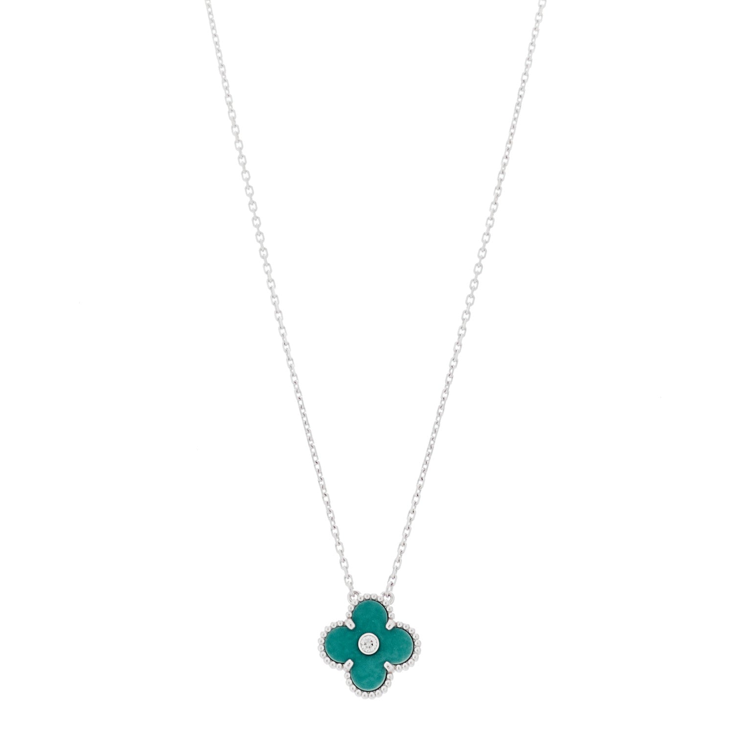 Van Cleef & Arpels 18K White Gold Diamond Celadon Green Sevres Porcelain Vintage Alhambra Pendant Necklace 1 of 6