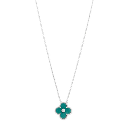 Van Cleef & Arpels 18K White Gold Diamond Celadon Green Sevres Porcelain Vintage Alhambra Pendant Necklace 1 of 6
