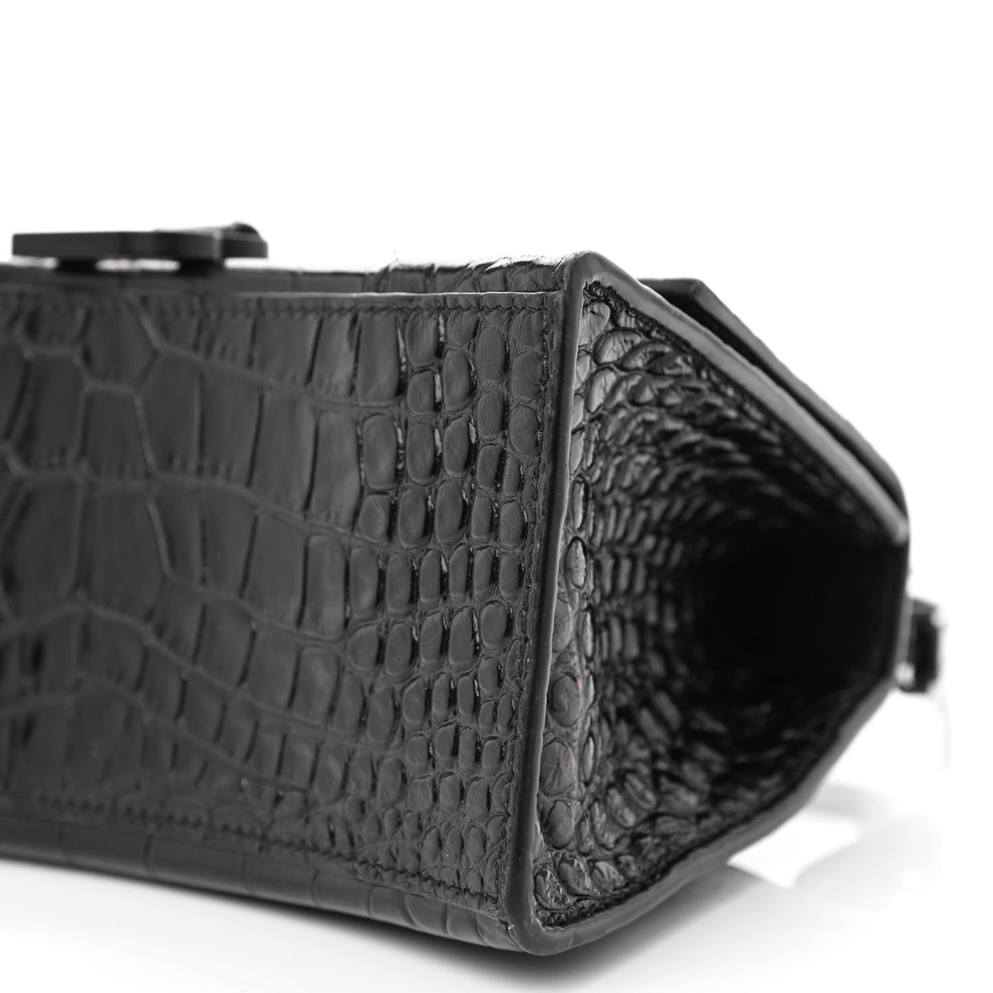 Shiny Calfskin Monochrome Crocodile Embossed Small Hourglass Top Handle Bag Black