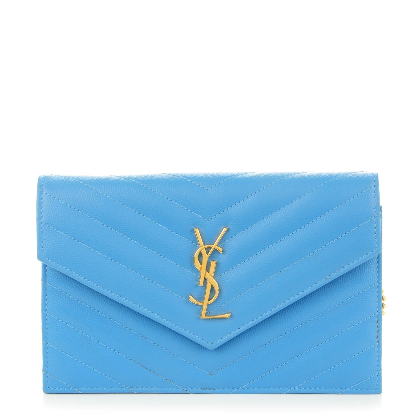 Grain De Poudre Matelasse Chevron Monogram Envelope Chain Wallet Blue Clair