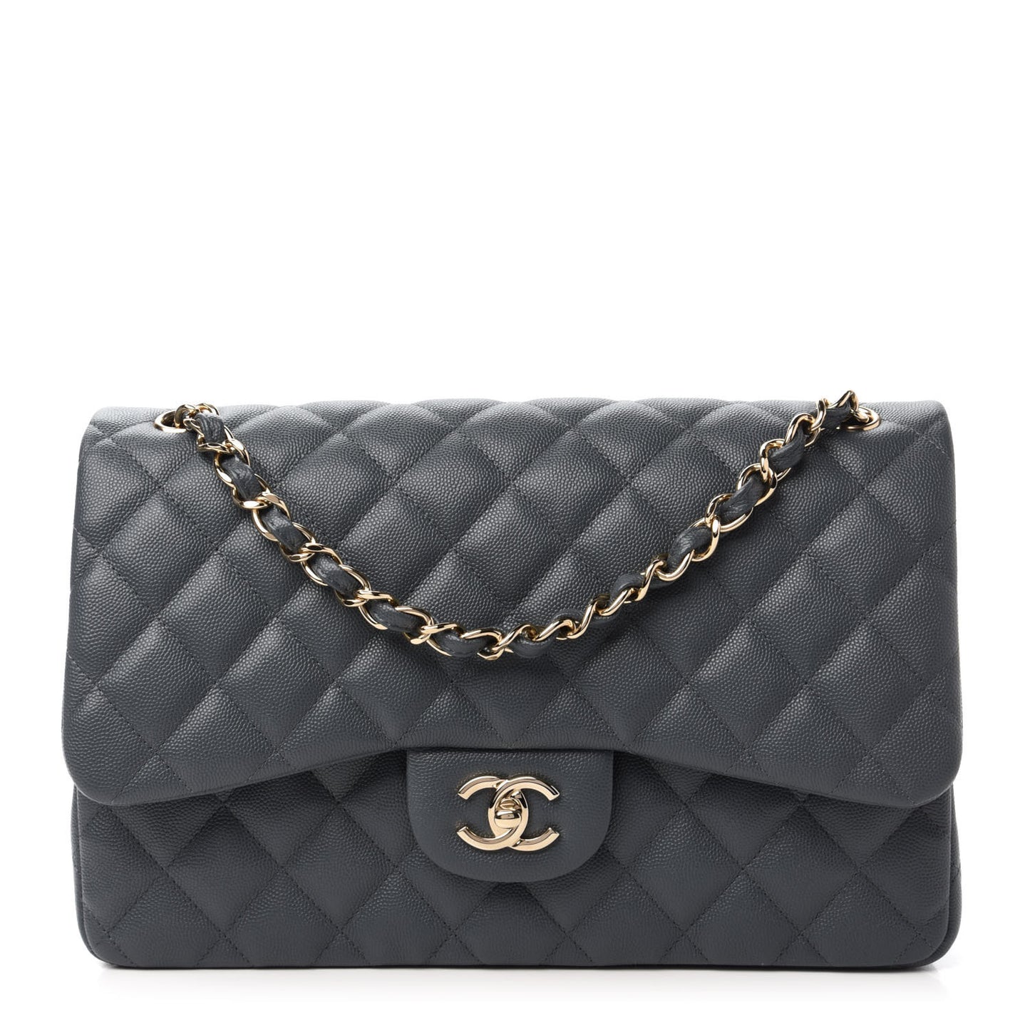 Caviar Quilted Jumbo Double Flap Dark Grey