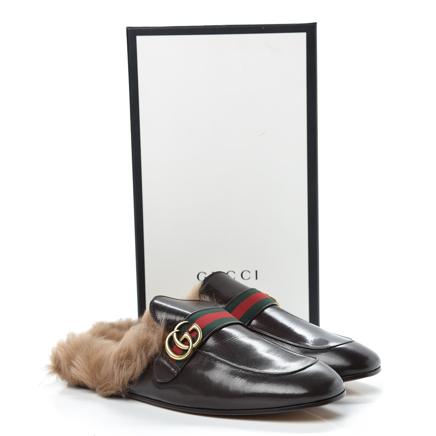 Gucci Goatskin Fur Web GG Mens Princetown Slippers 13 Cocoa 10 of 10