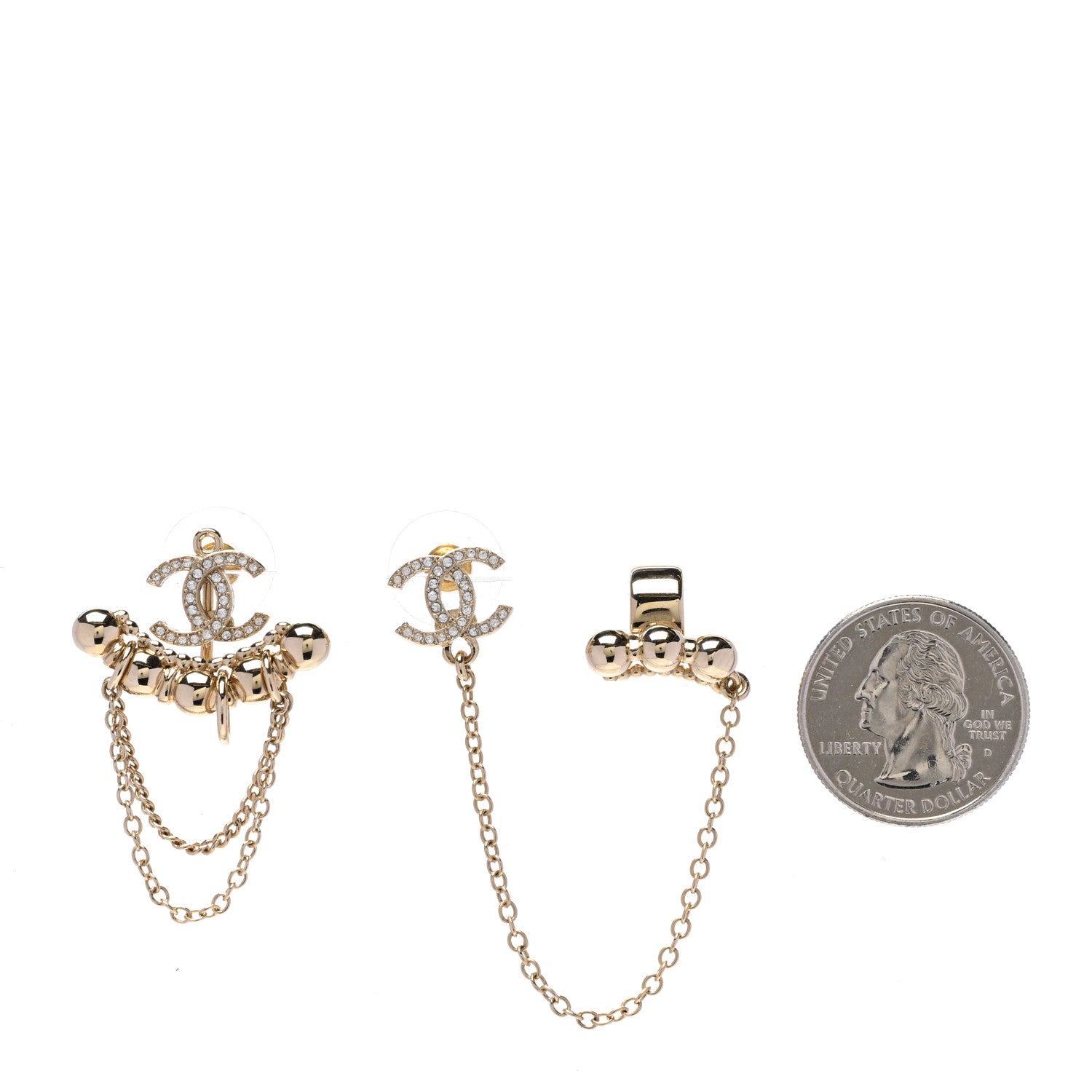 Chanel Metal Crystal CC Chain Cuff Earrings Gold 2 of 5