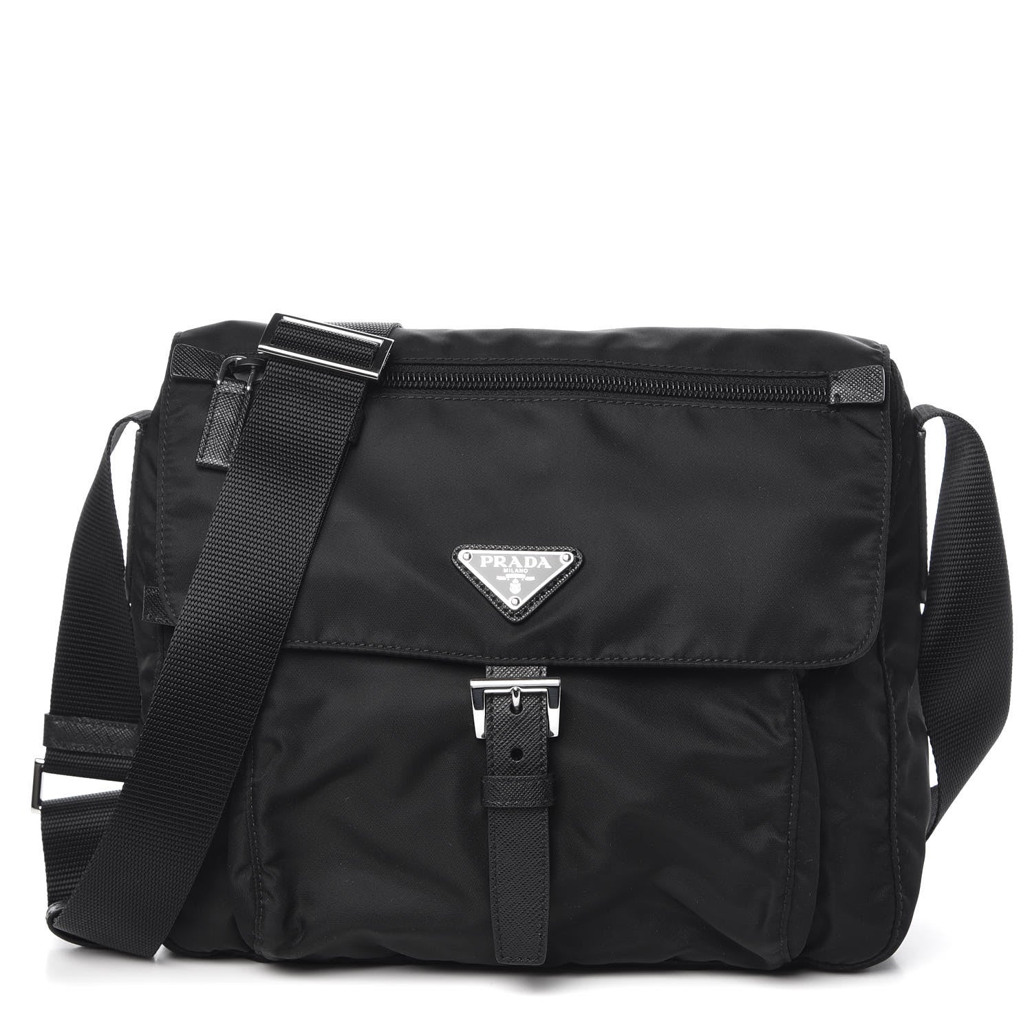 Prada Nylon Vela Saffiano Single Buckle Messenger Shoulder Bag Black 1 of 10