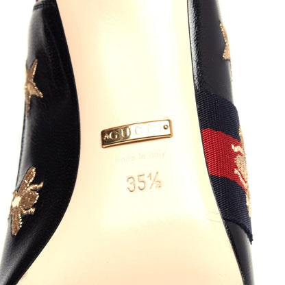 Gucci Calfskin Web Bee Star Embroidered Sylvie Mid Heel Slingback Pumps 35.5 Black 9 of 11