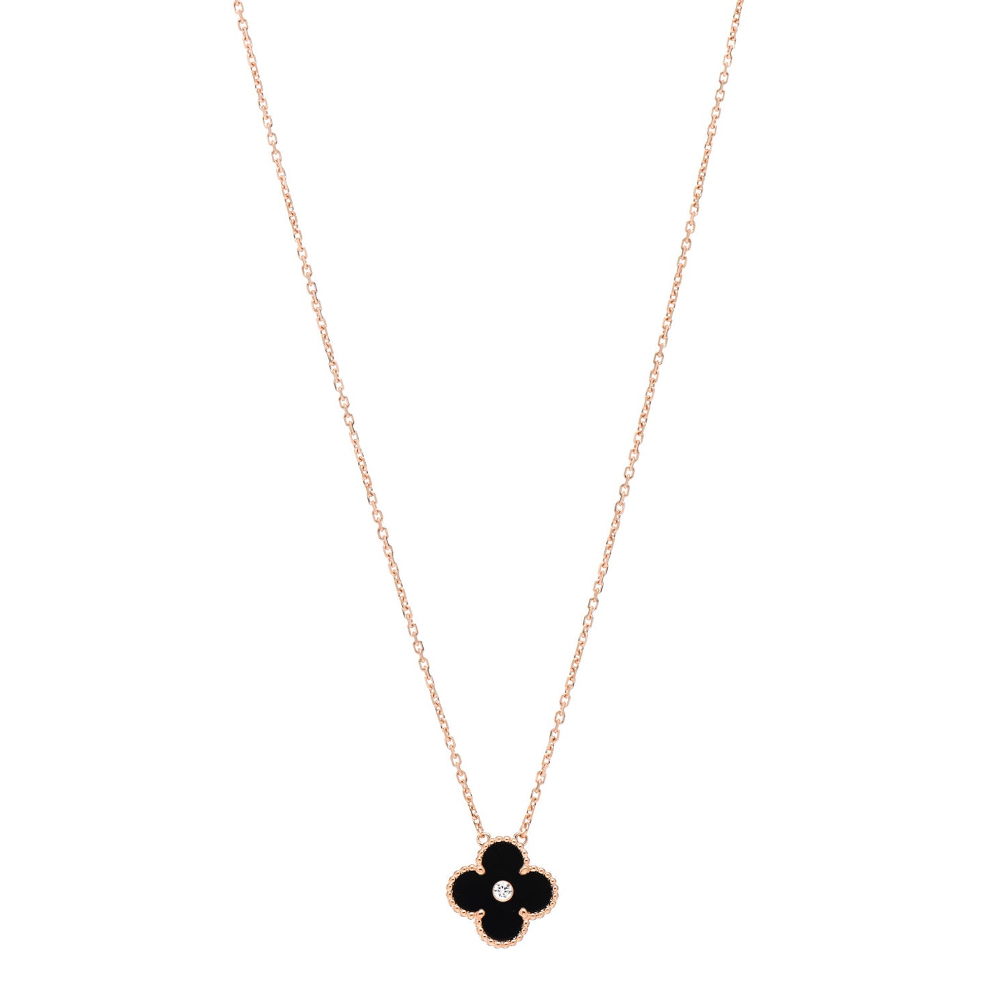 18K Rose Gold Diamond Black Onyx Vintage Alhambra Pendant Necklace