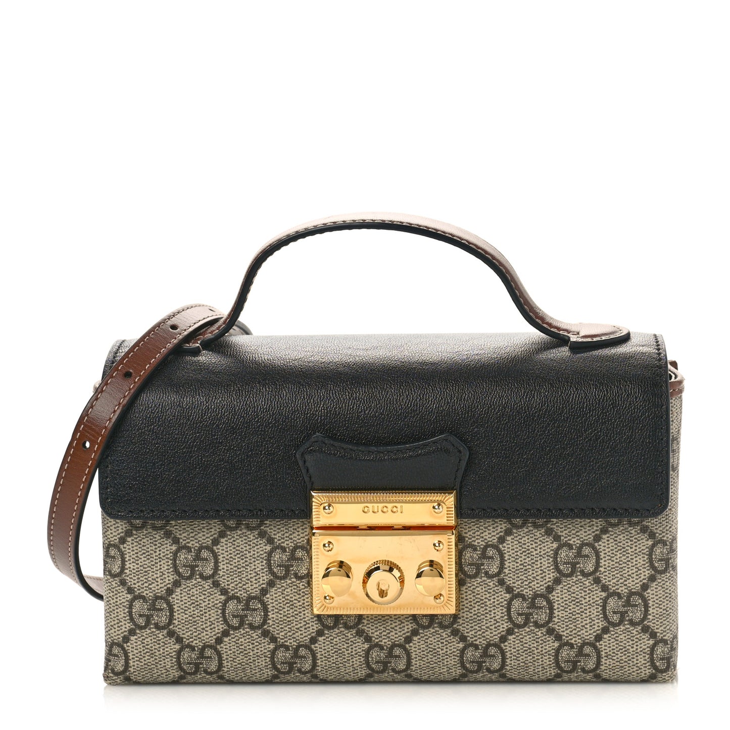 GG Supreme Monogram Calfskin Mini Padlock Top Handle Shoulder Bag Beige Black Cuir