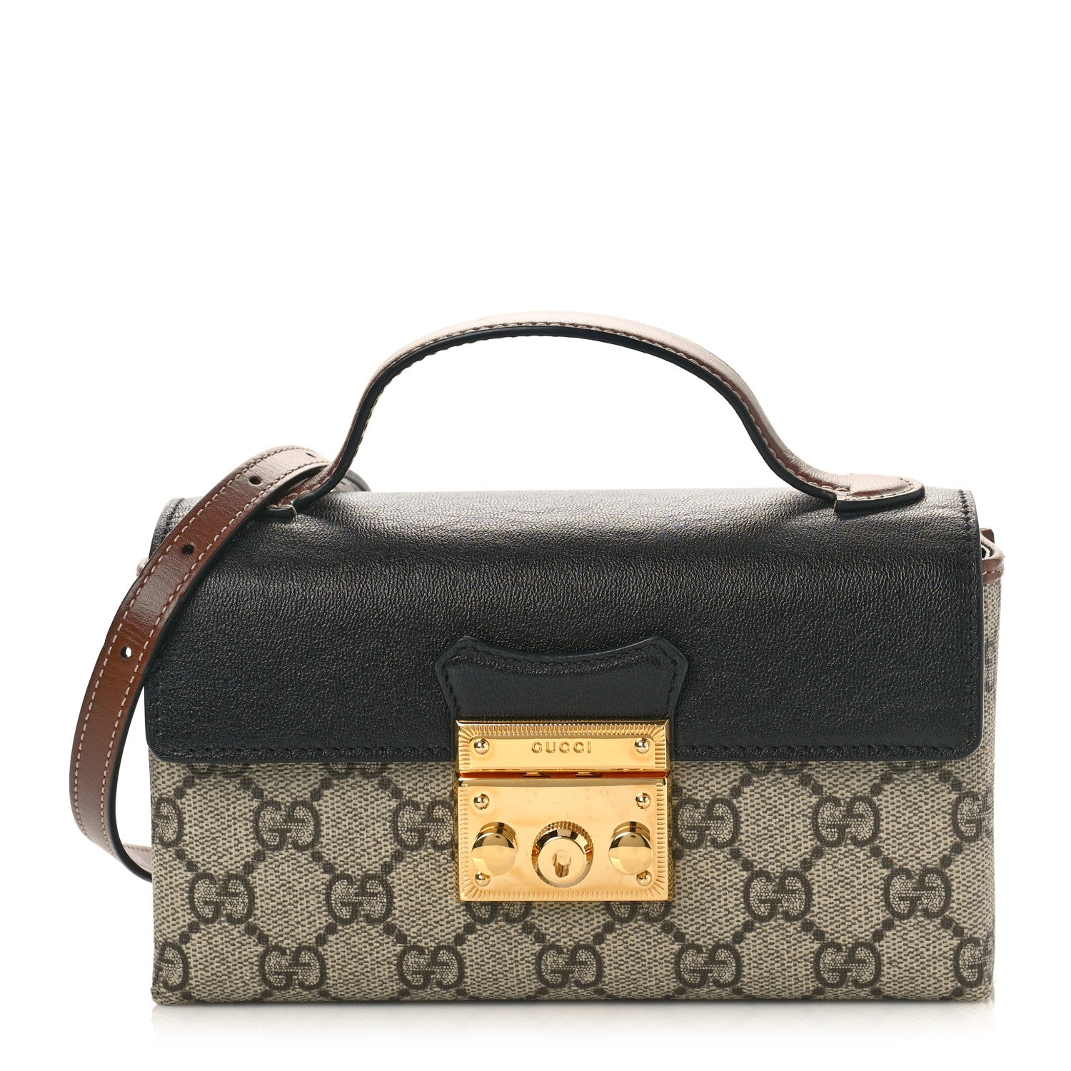 Gucci GG Supreme Monogram Calfskin Mini Padlock Top Handle Shoulder Bag Beige Black Cuir 1 of 9