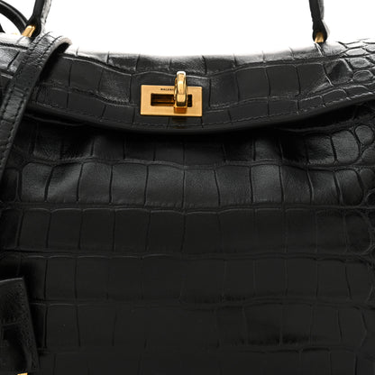Balenciaga Shiny Calfskin Crocodile Embossed Mini Rodeo Top Handle Handbag Black 9 of 11