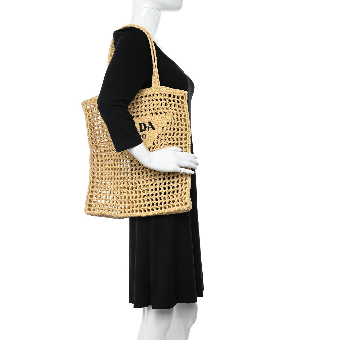 Yarn Raffia Effect Crochet Logo Embroidered Tote Bag Naturale