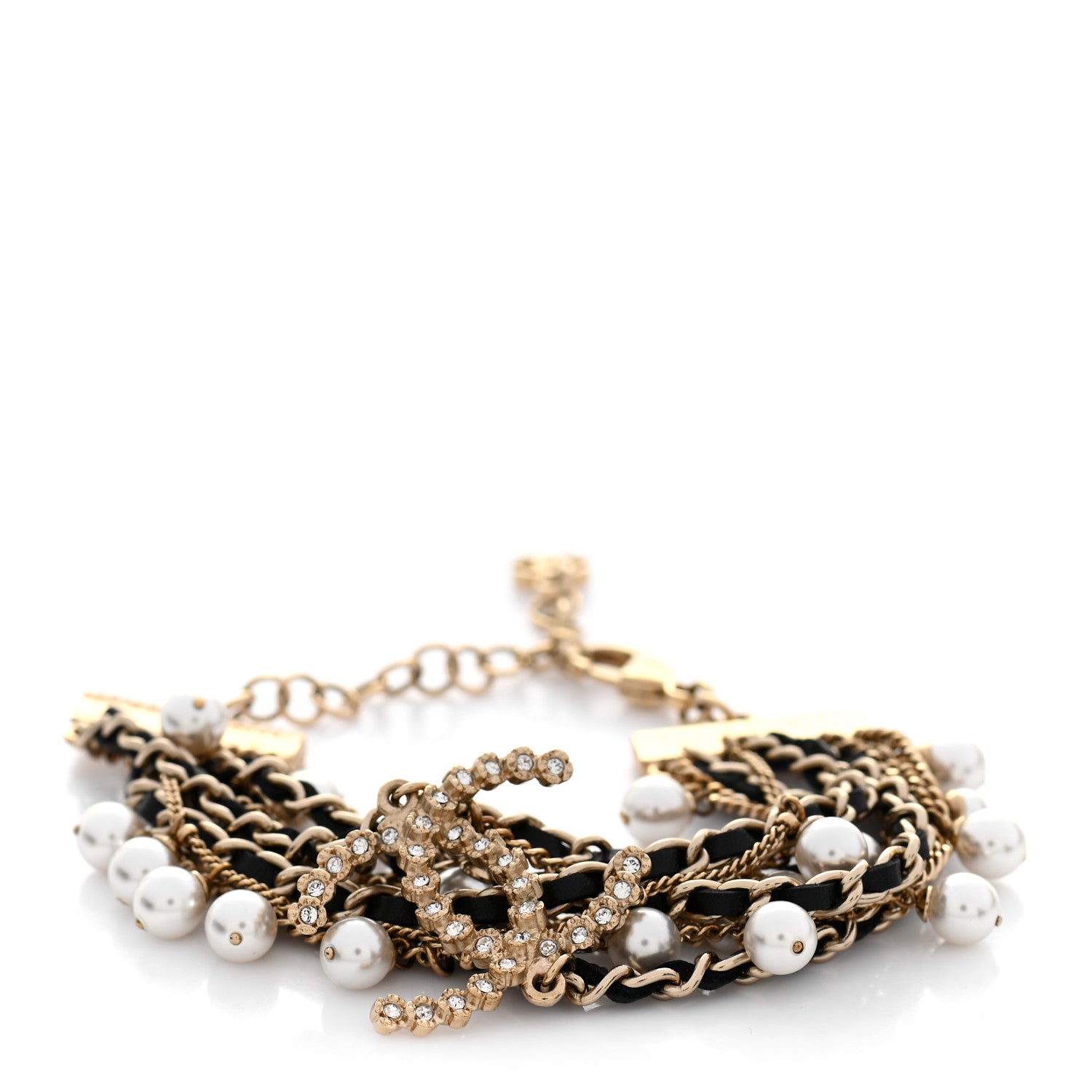 Chanel Lambskin Pearl Crystal Multistrand Chain CC Bracelet 1 of 4