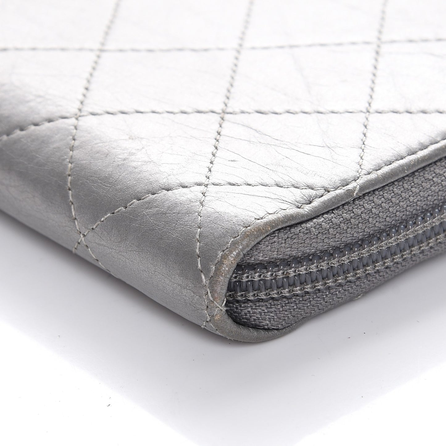 Calfskin Stitched Large Zip Around Wallet Silver