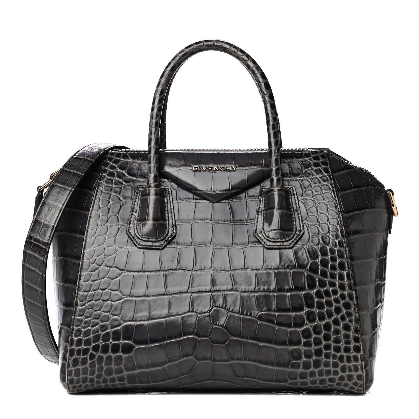 Calfskin Crocodile Embossed Small Antigona Storm Grey