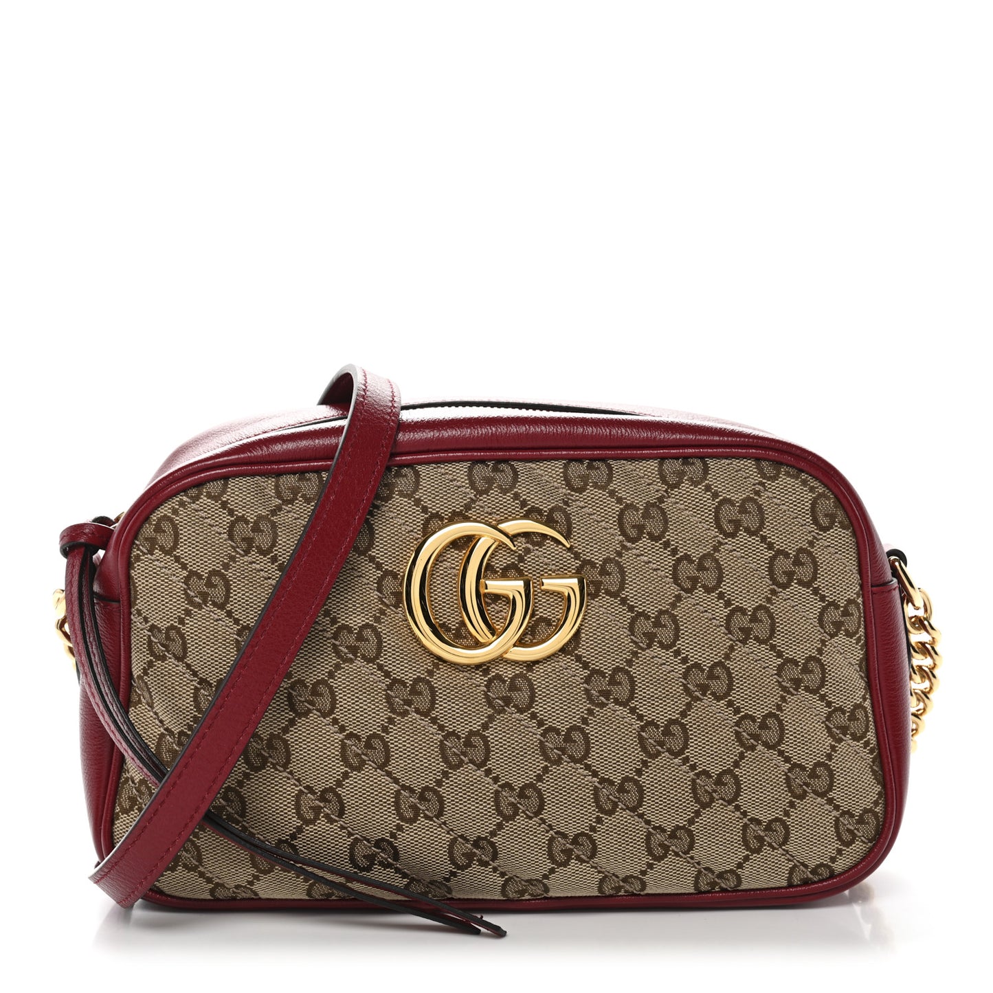 Monogram Azalea Calfskin Matelasse Diagonal Small GG Marmont Chain Shoulder Bag Beige Ebony New Cherry Red